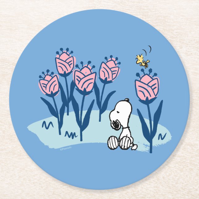 Dessous-de-verre Rond En Papier cacahuètes | Snoopy & Woodstock Flower Garden (Devant)