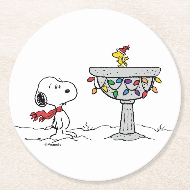 Dessous-de-verre Rond En Papier cacahuètes | Snoopy & Woodstock Froid Birdbath (Devant)
