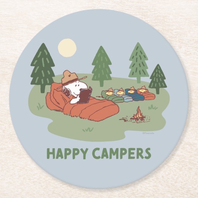 Dessous-de-verre Rond En Papier cacahuètes | Snoopy & Woodstock Happy Campers (Devant)