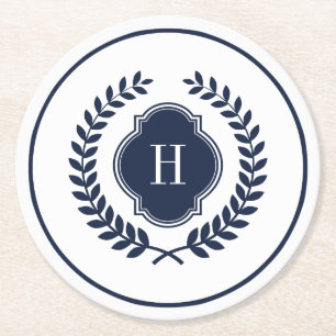 Dessous-de-verre Rond En Papier Cadre circulaire monogramme de crête bleu marine