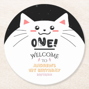 Dessous-de-verre Rond En Papier Cadre de chat mignon étoiles scintillantes 1er ann
