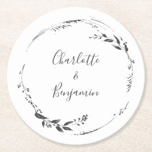 Dessous-de-verre Rond En Papier Calligraphie à couronne florale Mariage personnali