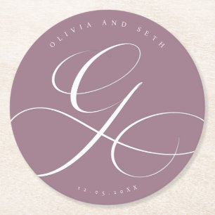 Dessous-de-verre Rond En Papier Calligraphie élégante “G” mariage lilas poussiéreu