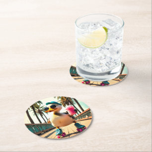 Dessous-de-verre Rond En Papier Canard à roulettes drôle d'été rétro 