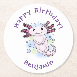 Dessous-de-verre Rond En Papier Caricature axolotl rose adorable