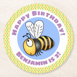 Dessous-de-verre Rond En Papier Caricature en jaune d'abeille volante mignonne