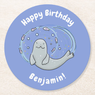 Dessous-de-verre Rond En Papier Caricature joyeux de phoque et de poisson bleu