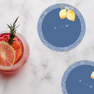 Dessous-de-verre Rond En Papier Carrelage bleu méditerranéen & Citron Mariage ital