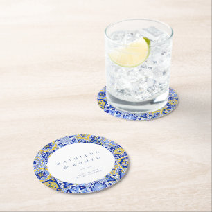 Dessous-de-verre Rond En Papier Carrelage bleu méditerranéen et agrumes