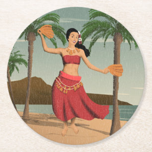 Dessous-de-verre Rond En Papier Carte postale affligée vintage hawaïenne de fille