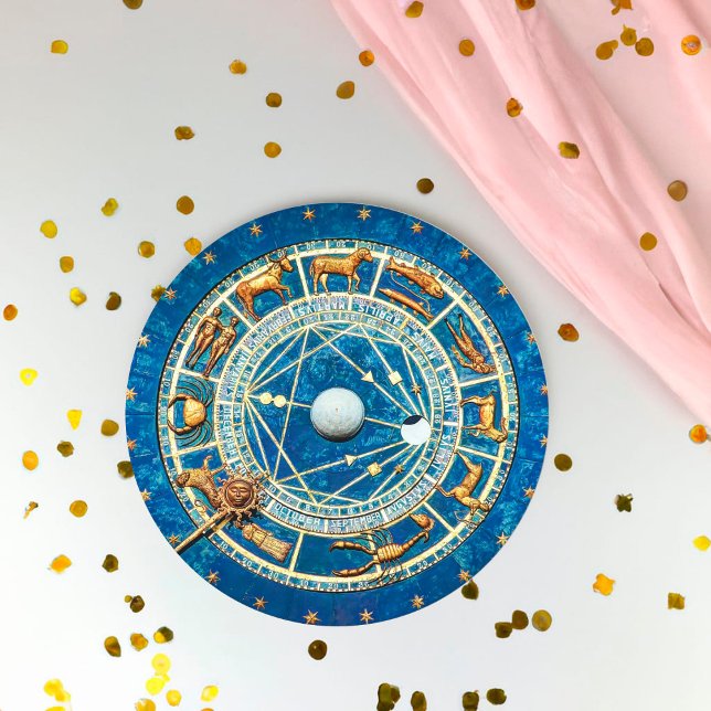 Dessous-de-verre Rond En Papier Céleste Bleu Antique Or Zodiac Roue Astrologie (Créateur téléchargé)