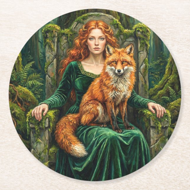 Dessous-de-verre Rond En Papier Celtic Forest Queen Red Fox Witch Fantasy Art ( (Devant)