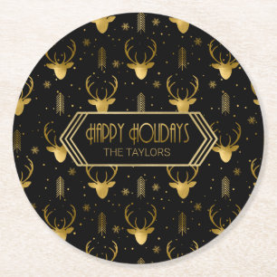 Dessous-de-verre Rond En Papier Cerfs Antlers Flèches Motif de Noël Gold ID861