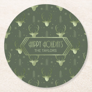 Dessous-de-verre Rond En Papier Cerfs Antlers Flèches Motif de Noël Vert ID861