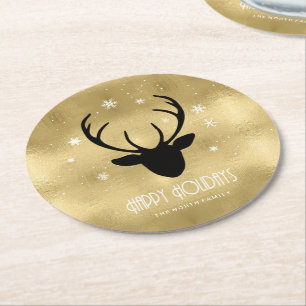 Dessous-de-verre Rond En Papier Cerfs Antlers Silhouette & Flakes Gold ID861