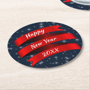 Dessous-de-verre Rond En Papier Changer Année Texte Bonne Année 20xx Rouge Ruban S