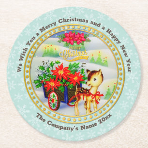 Dessous-de-verre Rond En Papier Chariot de fleurs et rennes de Noël vintage adorab