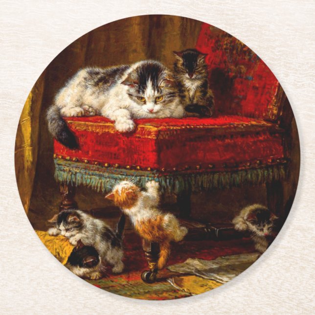 Dessous-de-verre Rond En Papier Chat et chatons Jouer avec chaise (Devant)
