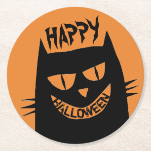Dessous-de-verre Rond En Papier Chat noir d'Halloween déplaisant sur Orange