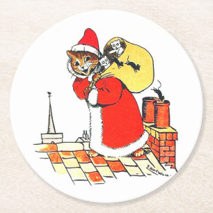 Dessous-de-verre Rond En Papier Chat vintage Santa Claus (Noël), Louis Wain