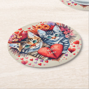 Dessous-de-verre Rond En Papier Chats aquarelle au coeur