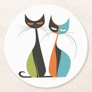 Dessous-de-verre Rond En Papier Chats MCM Rétro Vintage Turquoise Orange Noir 