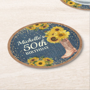 Dessous-de-verre Rond En Papier Chaussures de cowboy en denim Tournesols Kraft 50e
