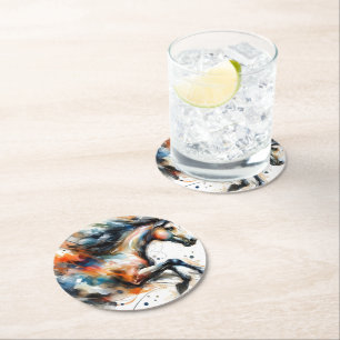 Dessous-de-verre Rond En Papier Cheval au galop à l'aquarelle abstraite