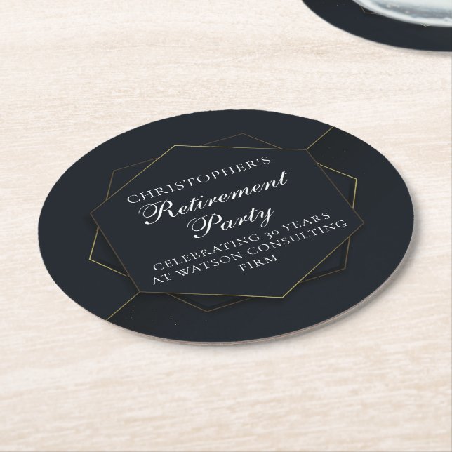 Dessous-de-verre Rond En Papier Chic Black Gold Custom Retirement Party (Incliné)