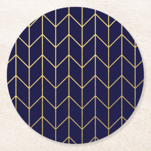 Dessous-de-verre Rond En Papier Chic moderne de bleu marine de Chevron d'or jaune