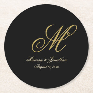 Dessous-de-verre Rond En Papier Chic or Monogramme Mariage noir
