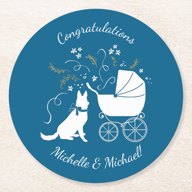 Dessous-de-verre Rond En Papier Chien allemand Baby shower bleu garçon (Devant)