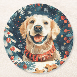 Dessous-de-verre Rond En Papier Chiens de Noël Golden Retriever
