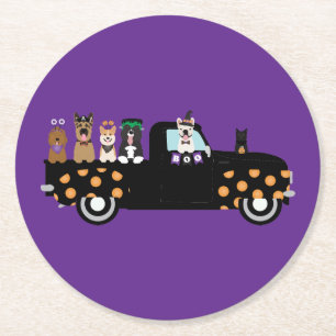 Dessous-de-verre Rond En Papier Chiens D'Halloween Dans Un Camion De Ramassage