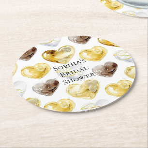 Dessous-de-verre Rond En Papier Chocolat Cœur Blanc Or Mariage
