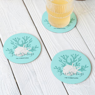 Dessous-de-verre Rond En Papier Christmas Beach Sand Dollar Starfish Aqua Blue