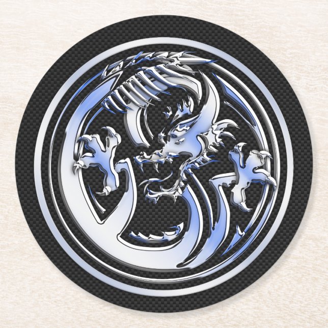 Dessous-de-verre Rond En Papier Chrome Dragon Crest foncé fibre de carbone Impress (Devant)