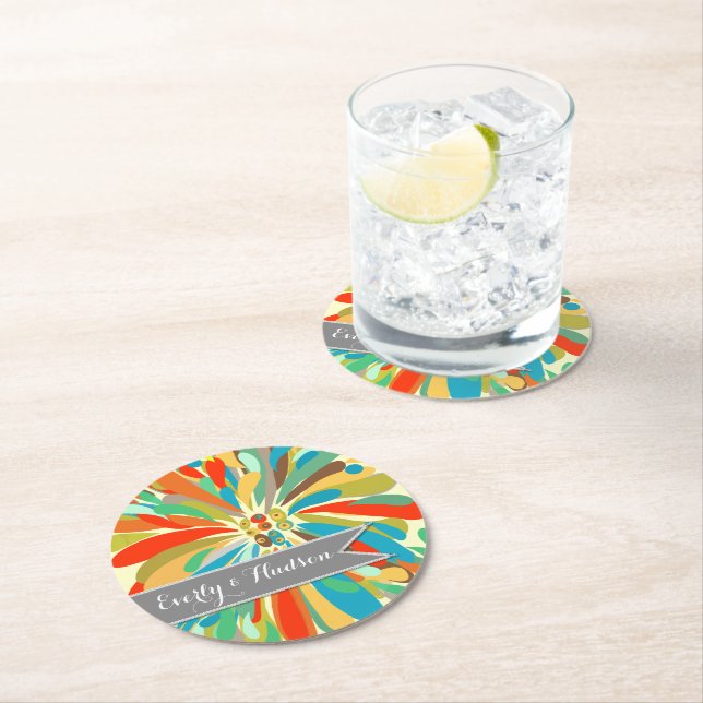 Dessous-de-verre Rond En Papier Chrysanthème personnalisé Gras coloré Floral (En situation)