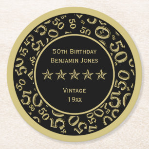 Dessous-de-verre Rond En Papier cinquantième Or de fête d'anniversaire/motif ron