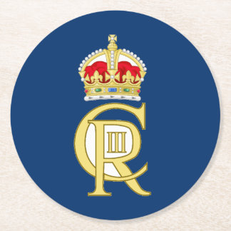 Dessous-de-verre Rond En Papier Ciphère de couronnement du roi Charles III bleu