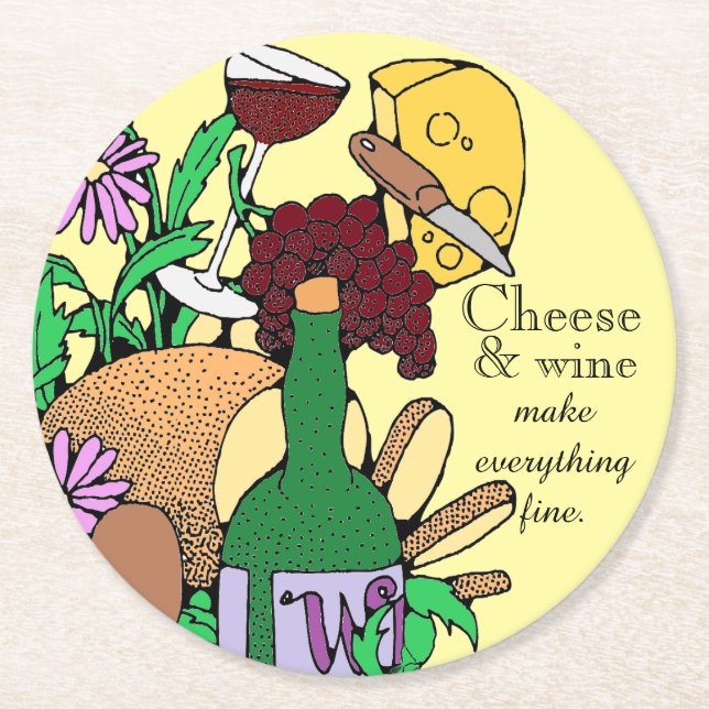 Dessous-de-verre Rond En Papier Citation pour les amateurs de fromages et de vins (Devant)