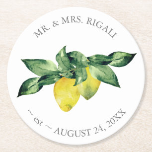Dessous-de-verre Rond En Papier Citron aquarelle Mariage personnalisé