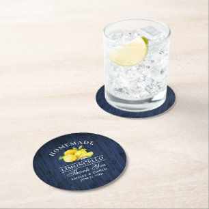 Dessous-de-verre Rond En Papier Citrons Limoncello Mariage Bleu Faux Bois