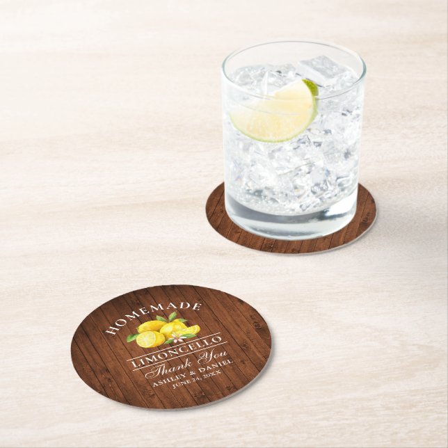 Dessous-de-verre Rond En Papier Citrons Limoncello Mariage Faux Wood (En situation)