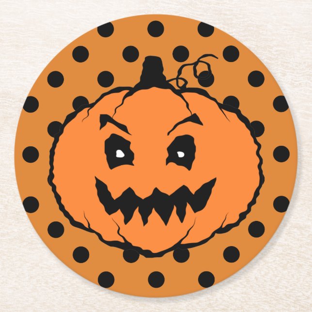 Dessous-de-verre Rond En Papier Citrouille d'horreur d'Halloween Pois noirs (Devant)