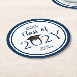 Dessous-de-verre Rond En Papier Classe de 2021 Elégant Navy Blue Graduation Party