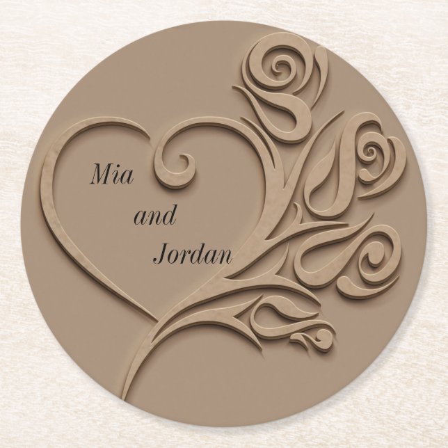 Dessous-de-verre Rond En Papier Classique Coeur Taupe Personnalisé Mariage (Devant)