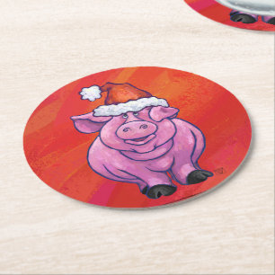Dessous-de-verre Rond En Papier Cochon mignon à Santa Hat sur rouge