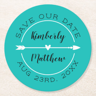 Dessous-de-verre Rond En Papier Coeur & Flèche Turquoise Enregistrer la date