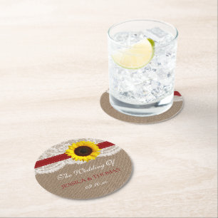 Dessous-de-verre Rond En Papier Collection de Mariages de tournesol rustique - Rou